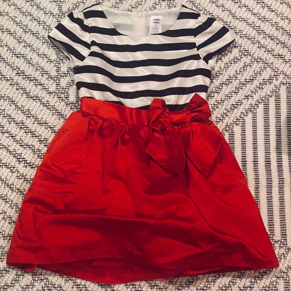 Christmas Holiday Short Sleeve Satin Black White Striped Olivia Dress w Red Bow - Picture 2 of 8